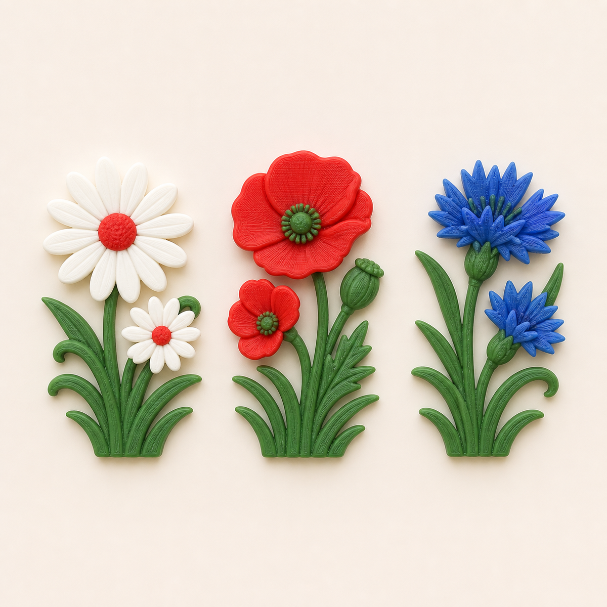 flower meadow magnet set flower trio from 3D-printed PETG in Margin white, Poplar red, Leaf Green
