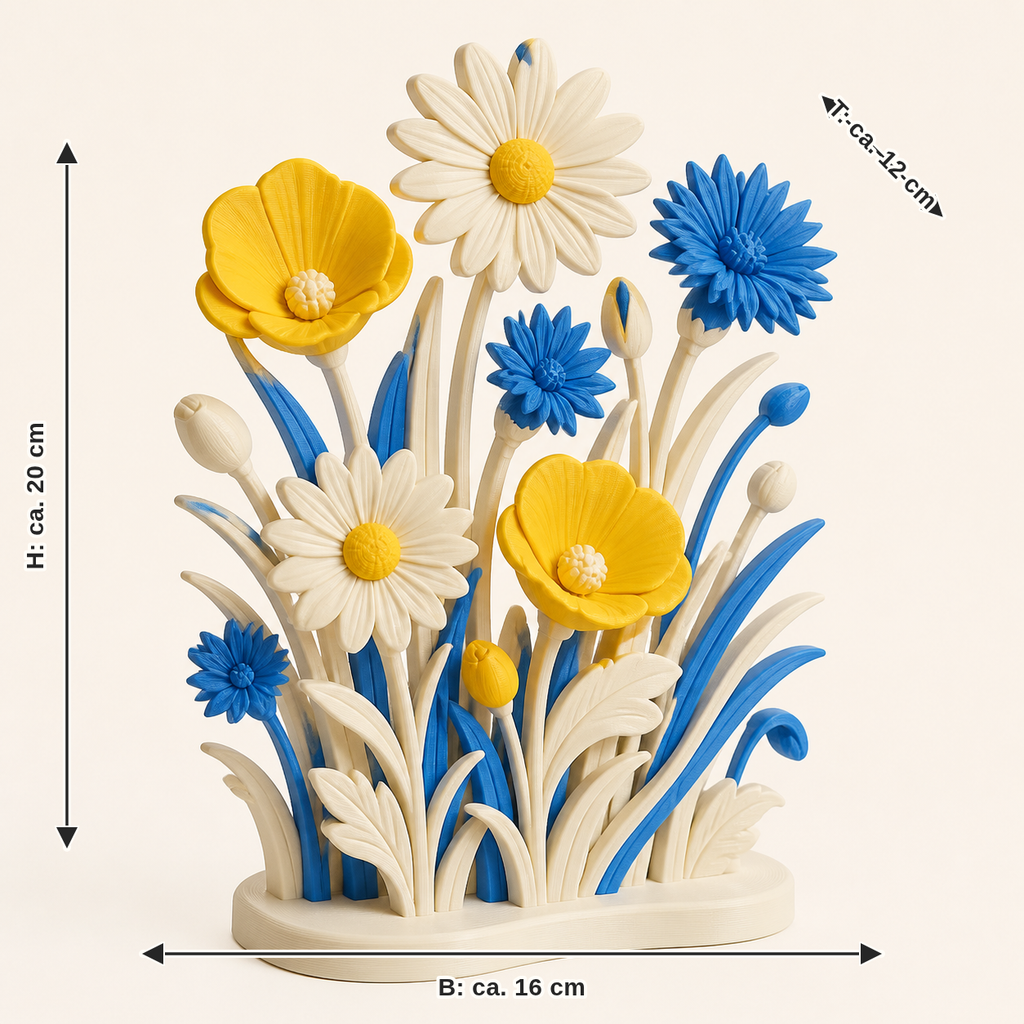 Dimensional image for flower meadow mini-sculpture flower sea: width approx. 16 cm, depth approx. 12 cm, height approx. 20 cm