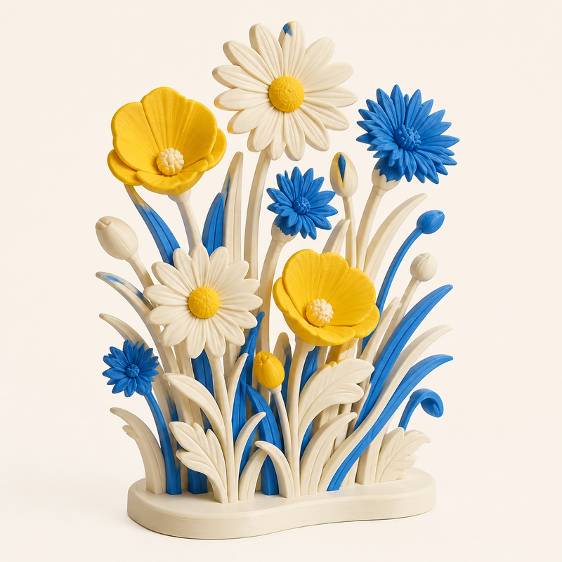 flower meadow mini sculpture flower sea from 3D-printed PETG in grain flower blue, sun yellow, cream