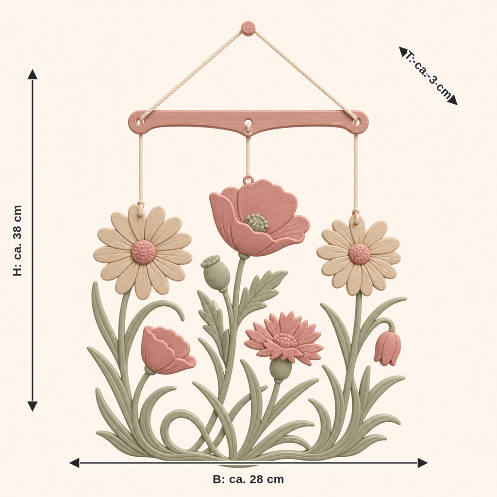 Dimensional image for flower meadow mobile meadow dance: width approx. 28 cm, depth approx. 3 cm, height approx. 38 cm