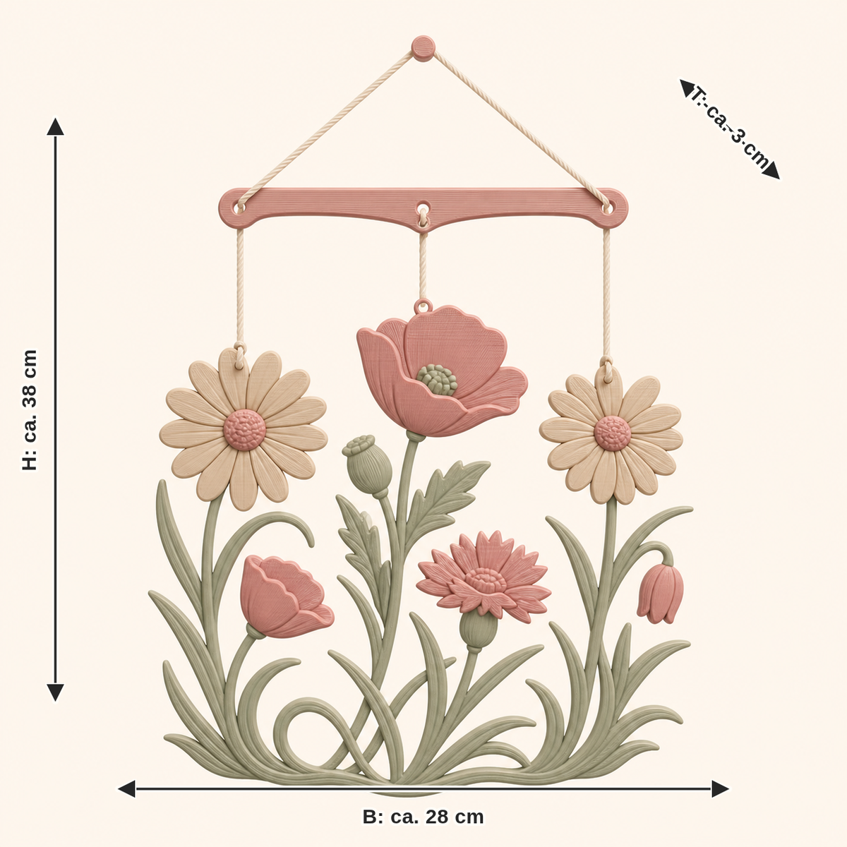 Dimensional image for flower meadow mobile meadow dance: width approx. 28 cm, depth approx. 3 cm, height approx. 38 cm