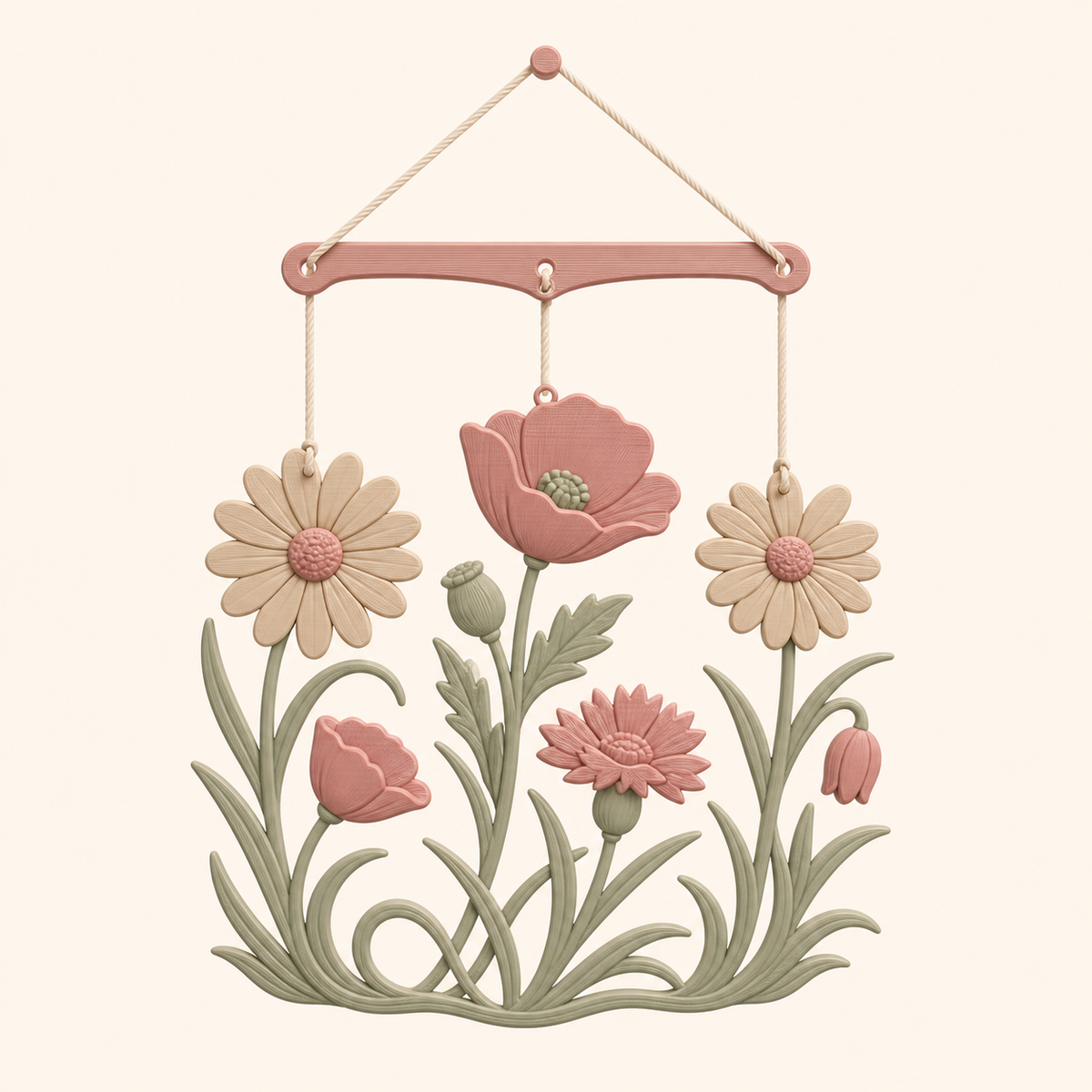flower meadow-Mobile meadow dance in 3D printed PETG in Rosé, sage green, sand beige