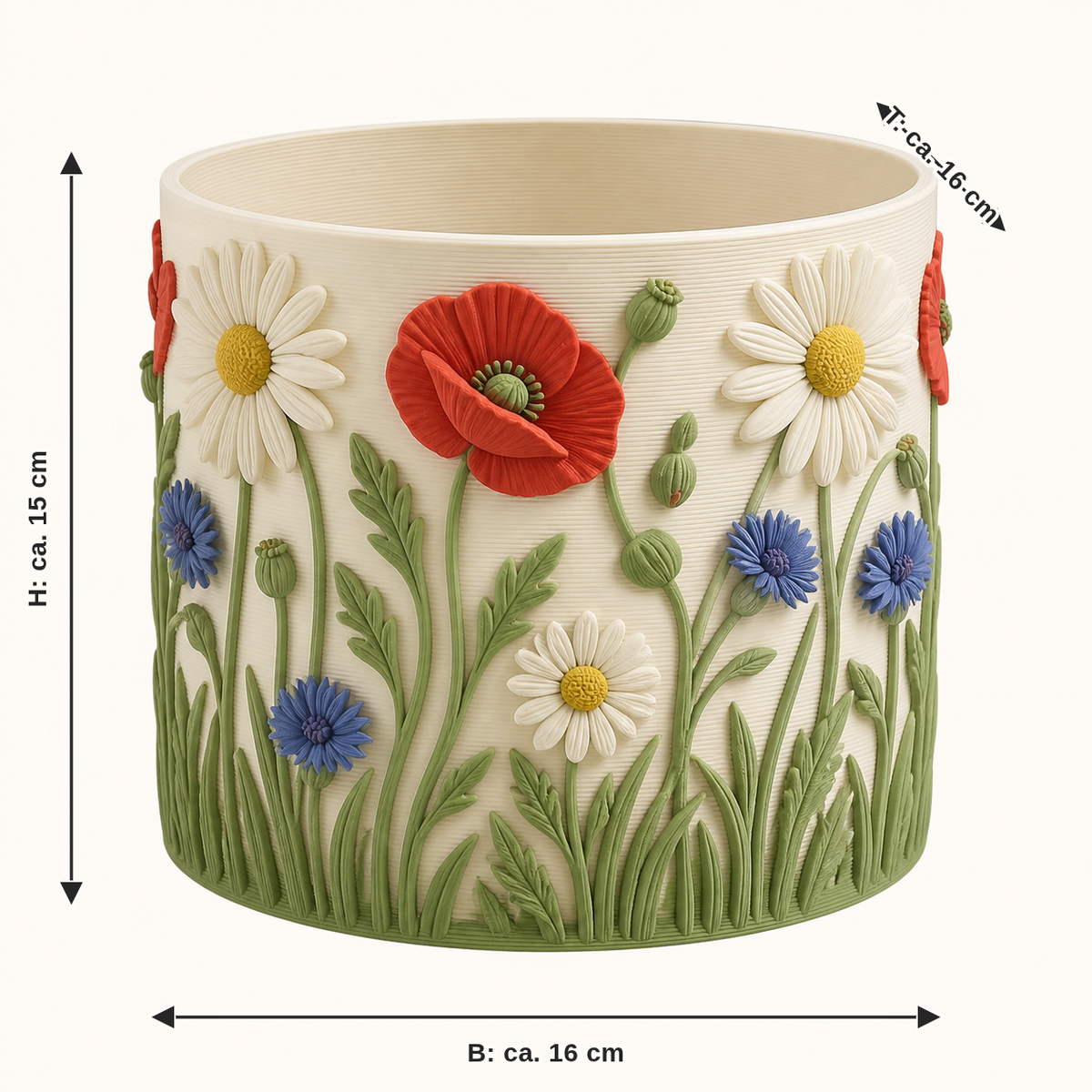 Dimensional image for flower meadow planter meadow pot: width approx 16 cm, depth approx 16 cm, height approx 15 cm