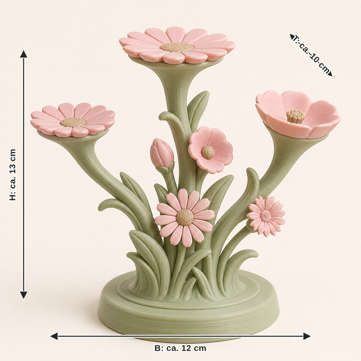 Measurement image for flower meadow-ring holder Margerite branch: width approx. 12 cm, depth approx. 10 cm, height approx. 13 cm