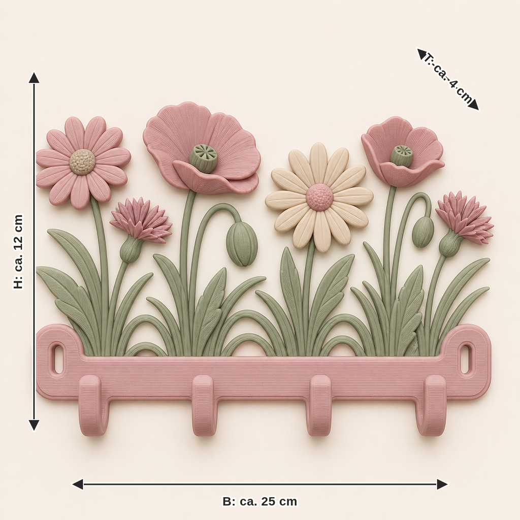 Dimensional image for flower meadow-key rack flower hooks: width approx. 25 cm, depth approx. 4 cm, height approx. 12 cm