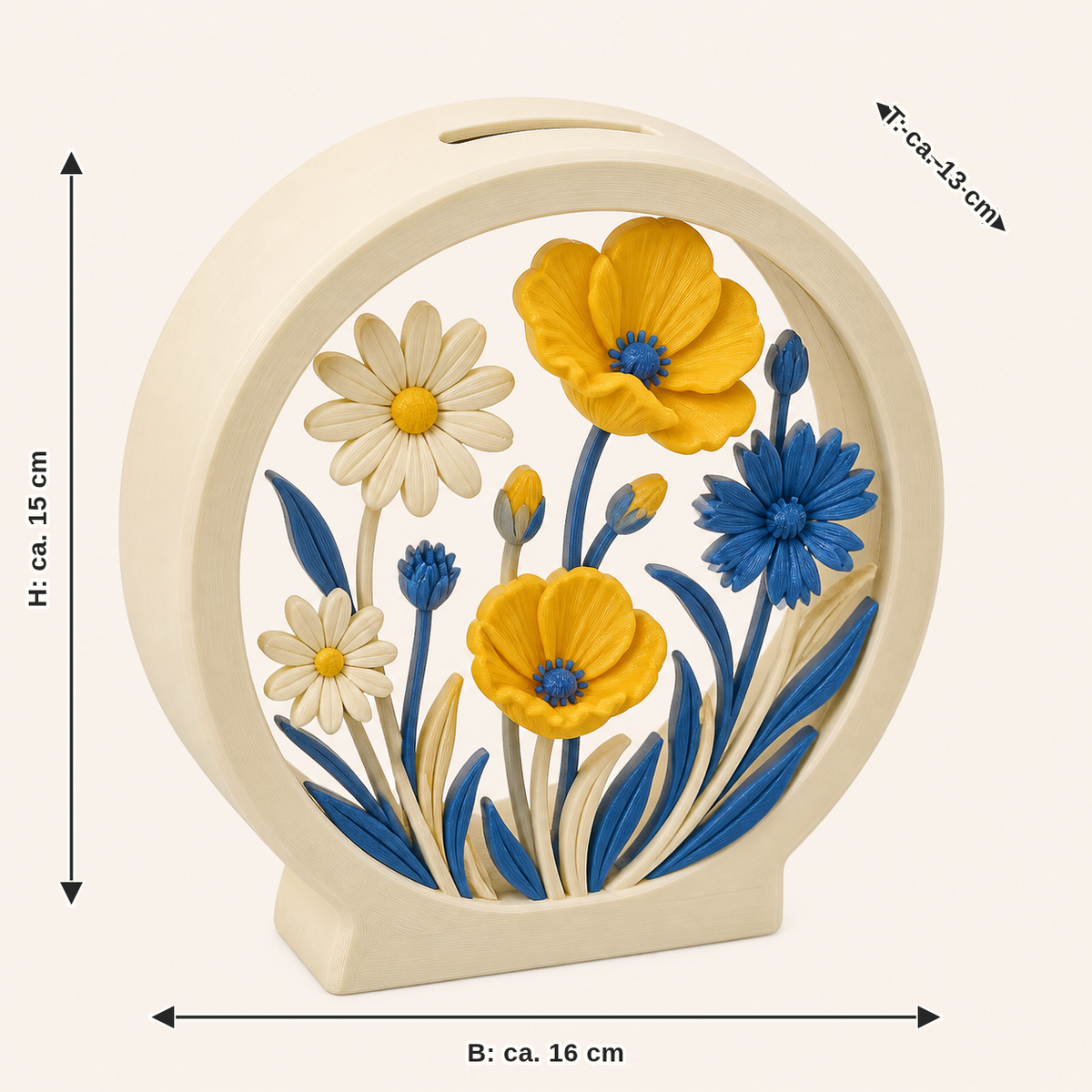 Dimensional picture for flower meadow-money box poppy window: width approx. 16 cm, depth approx. 13 cm, height approx. 15 cm