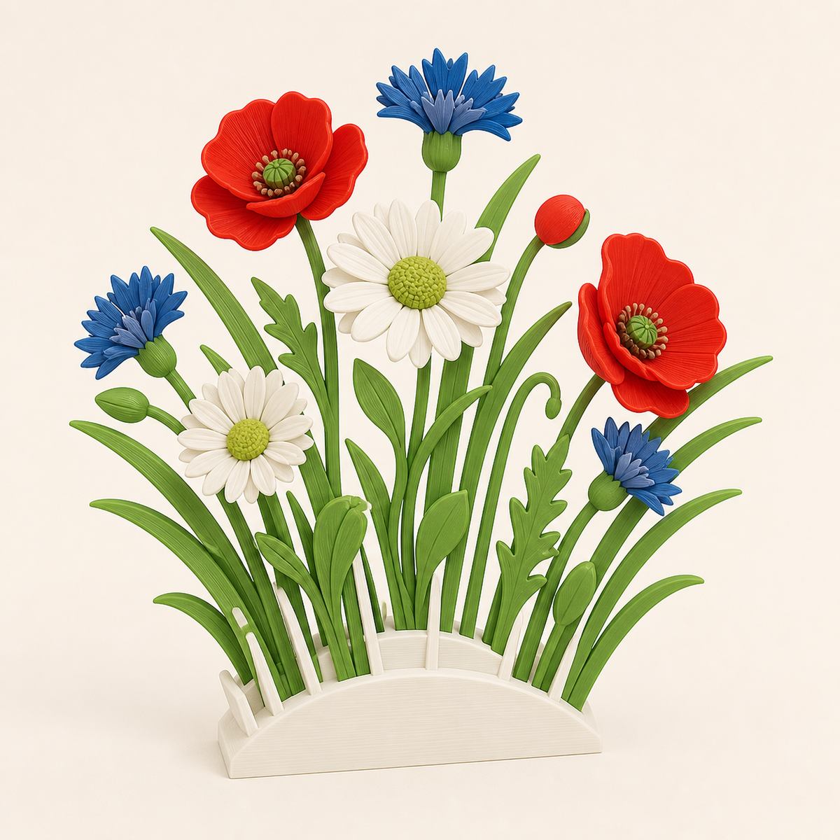flower meadow table top in 3D-printed PETG in white, poppy red, leaf green