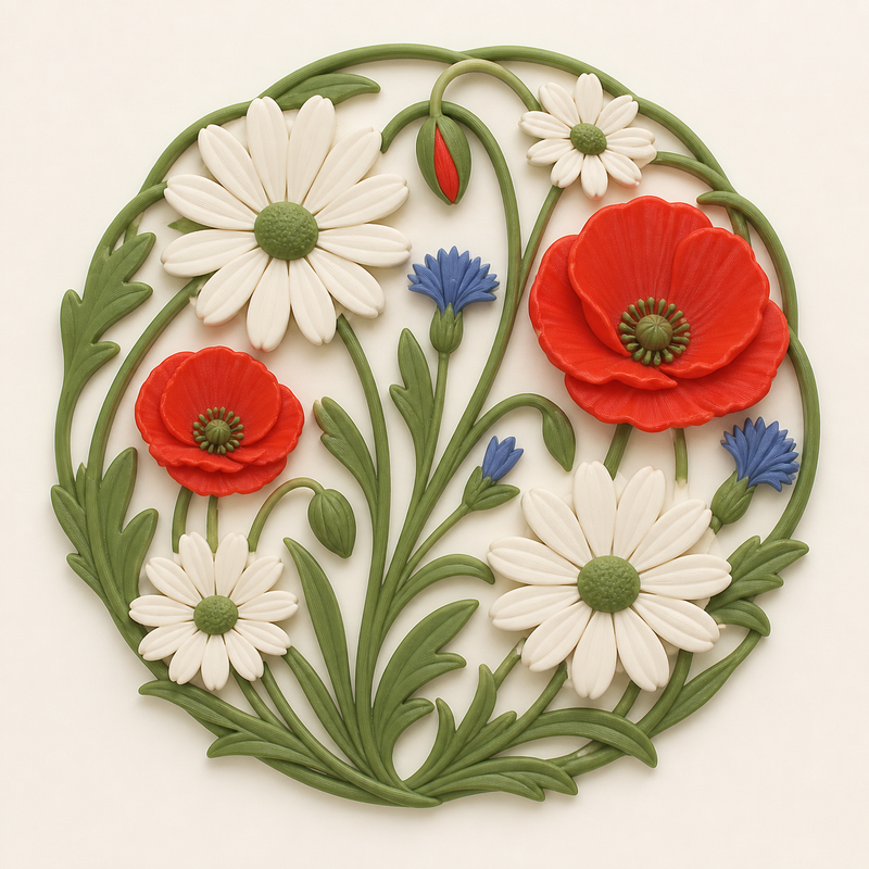 flower meadow-wall relief meadow wreath in 3D printed PETG in white, poppy red, leafy green