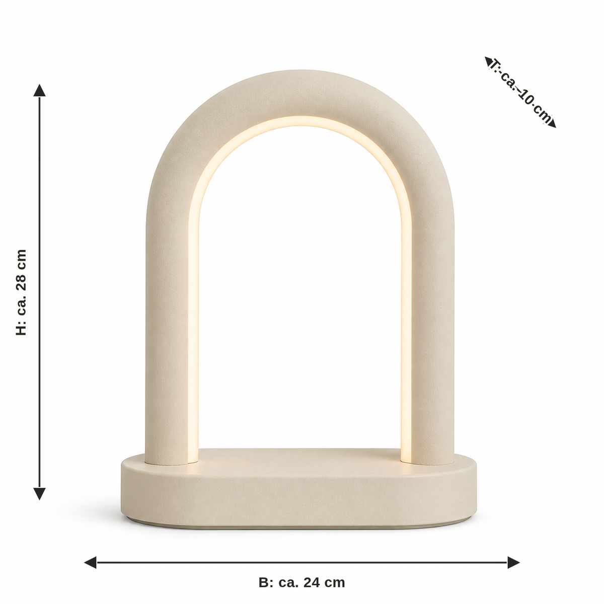 Measurement for sheet LED light in sand beige: width approx. 24 cm, depth approx. 10 cm, height approx. 28 cm