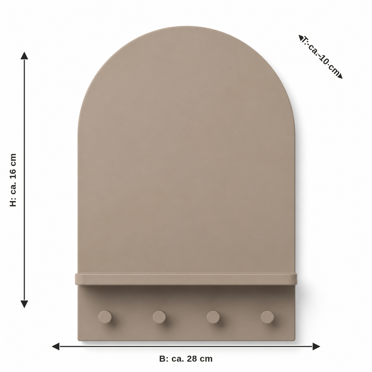 Dimensional image for bow-key rack with shelf in taupe: width approx. 28 cm, depth approx. 10 cm, height approx. 16 cm