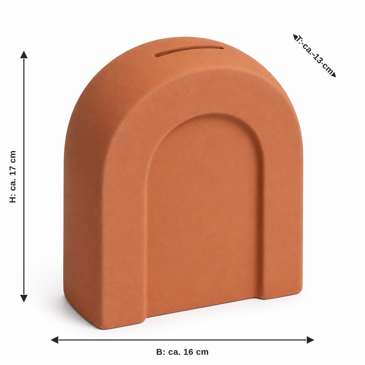 Maßbild für Bogen-Sparbüchse in Terrakotta: Breite ca. 16 cm, Tiefe ca. 13 cm, Höhe ca. 17 cm