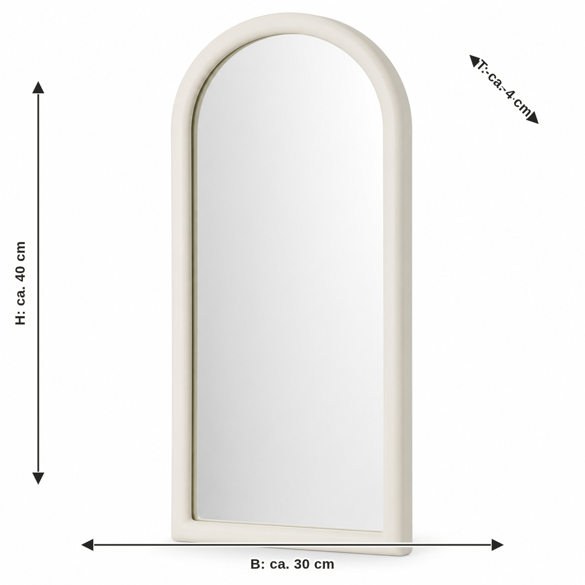 Maßbild für Bogen-Spiegelrahmen in Warmweiß: Breite ca. 30 cm, Tiefe ca. 4 cm, Höhe ca. 40 cm