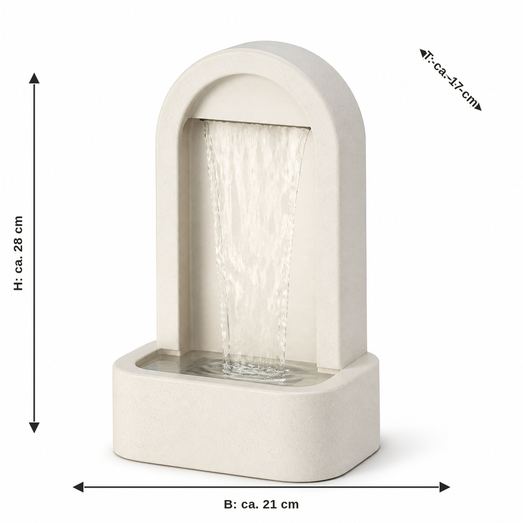 Measurement for arc waterfall fountain in warm white: width approx. 21 cm, depth approx. 17 cm, height approx. 28 cm