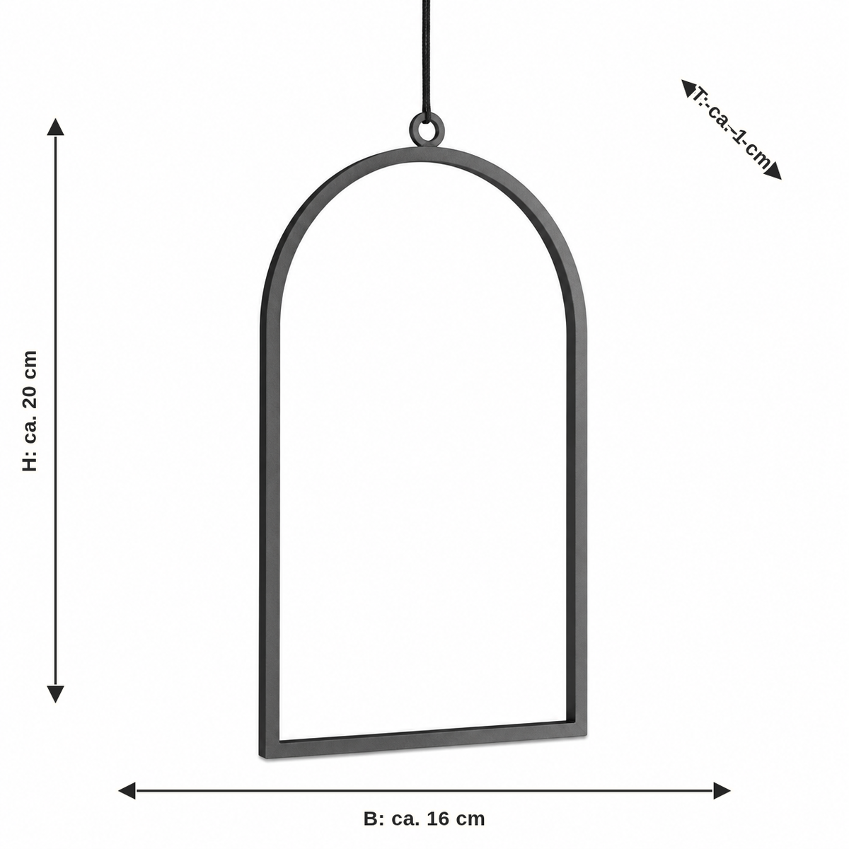 Maßbild für Bogenanhänger in Graphitgrau: Breite ca. 16 cm, Tiefe ca. 1 cm, Höhe ca. 20 cm