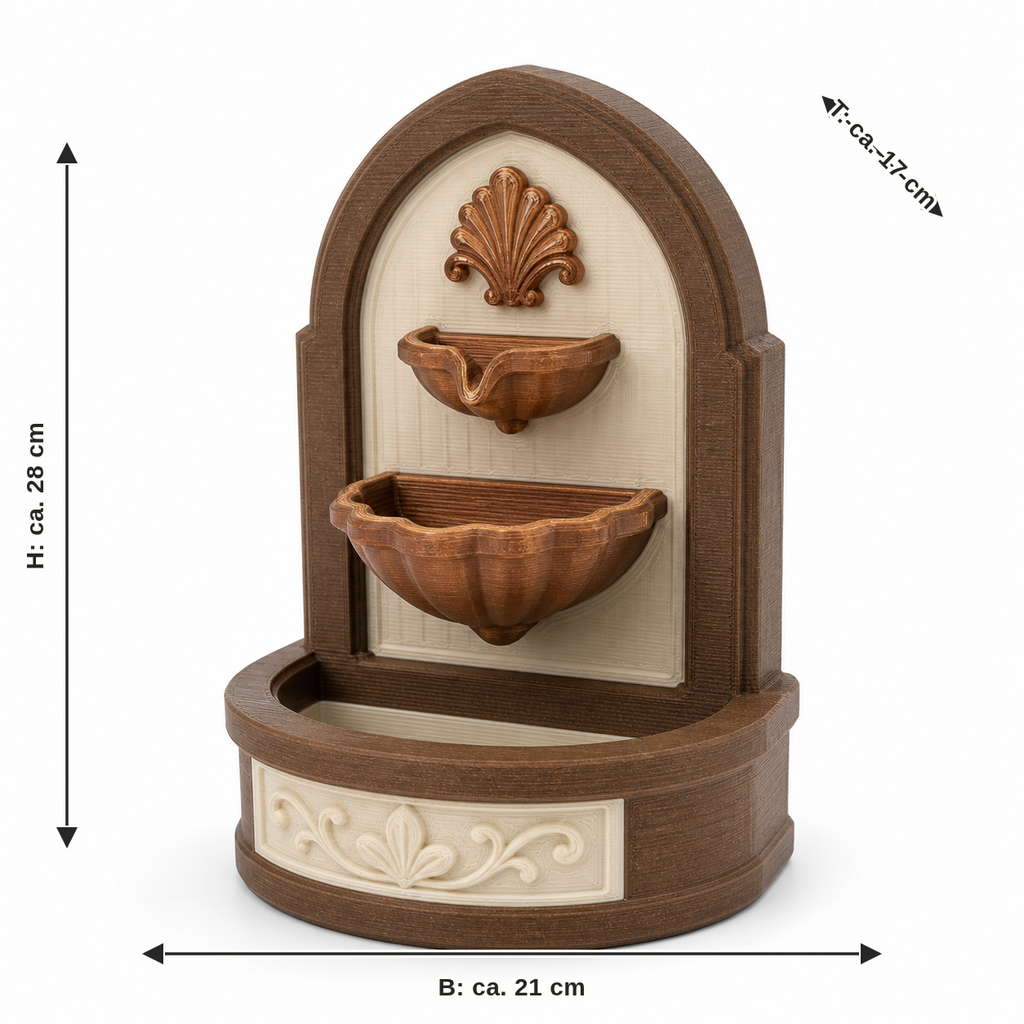 Maßbild für Bogenbrunnen mit Muschelschalen: Breite ca. 21 cm, Tiefe ca. 17 cm, Höhe ca. 28 cm