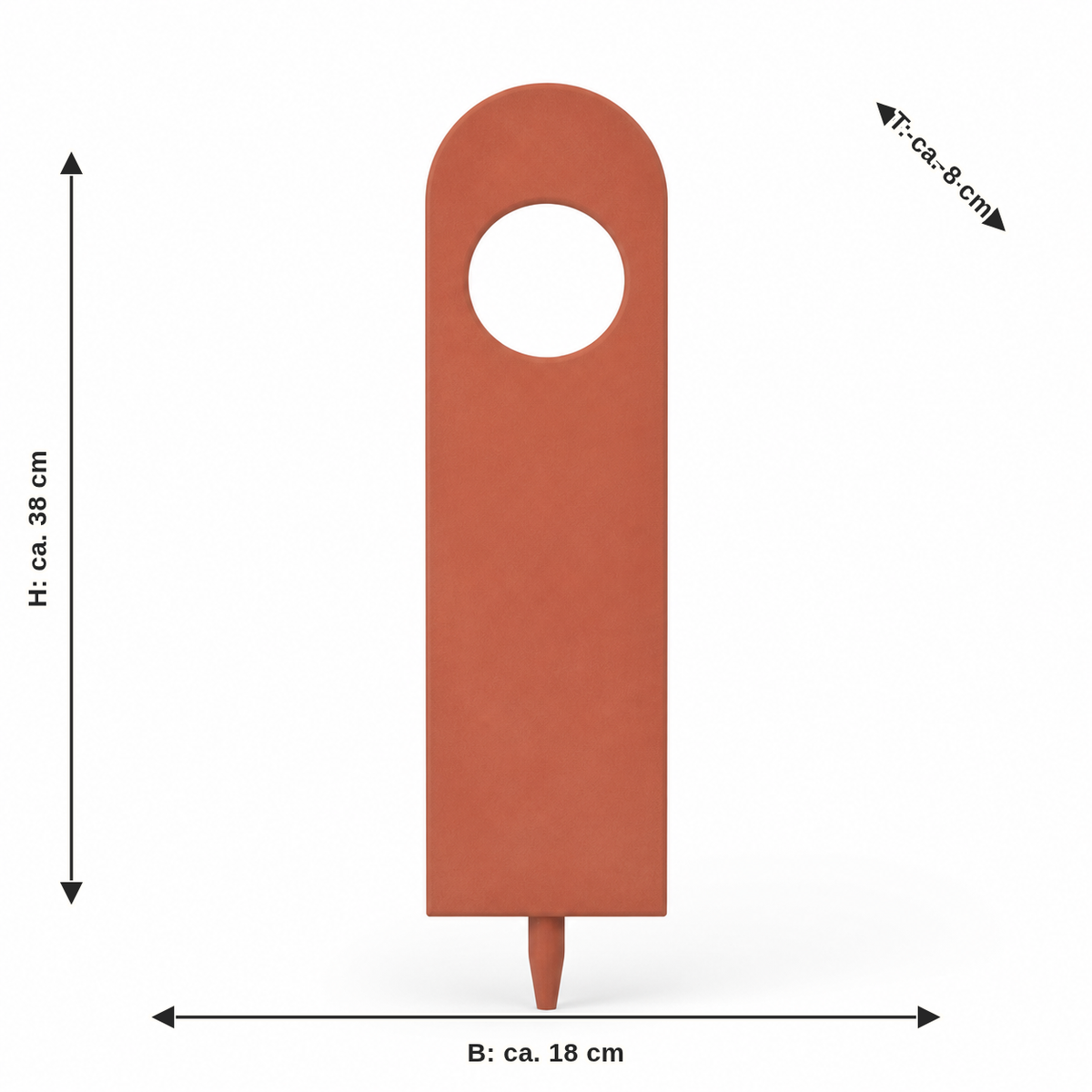 Dimensional image for arc-shaped garden stele in terracotta: width approx. 18 cm, depth approx. 8 cm, height approx. 38 cm
