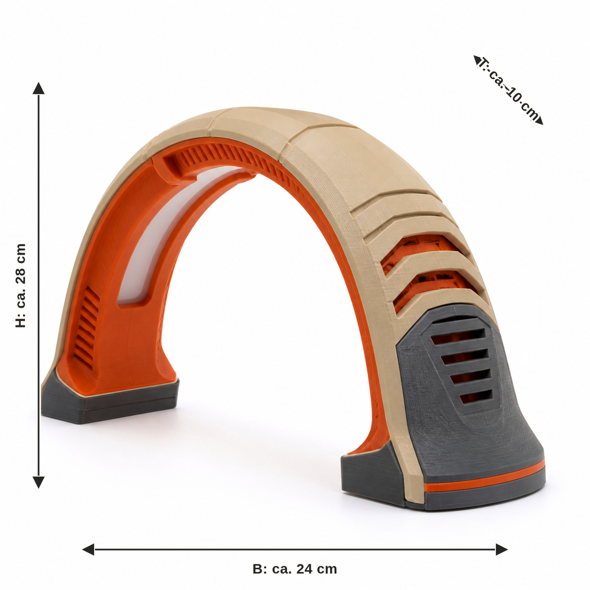 Maßbild für Bogenförmige LED-Leuchte in Beige und Orange: Breite ca. 24 cm, Tiefe ca. 10 cm, Höhe ca. 28 cm