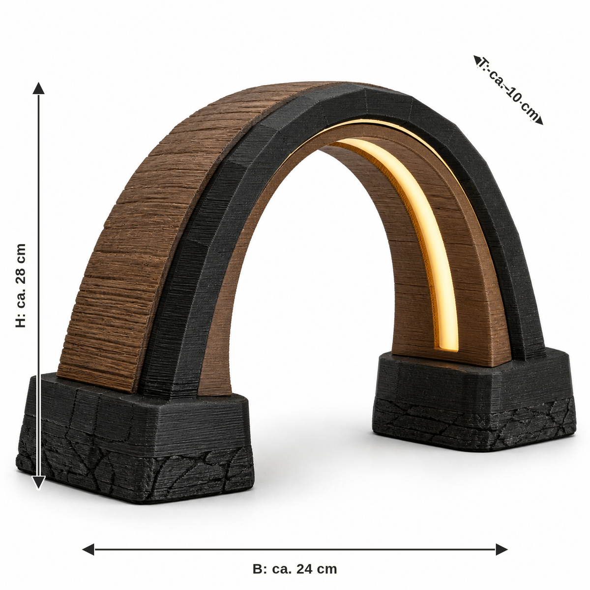Maßbild für Bogenförmige LED-Leuchte in Holz- und Felsoptik: Breite ca. 24 cm, Tiefe ca. 10 cm, Höhe ca. 28 cm