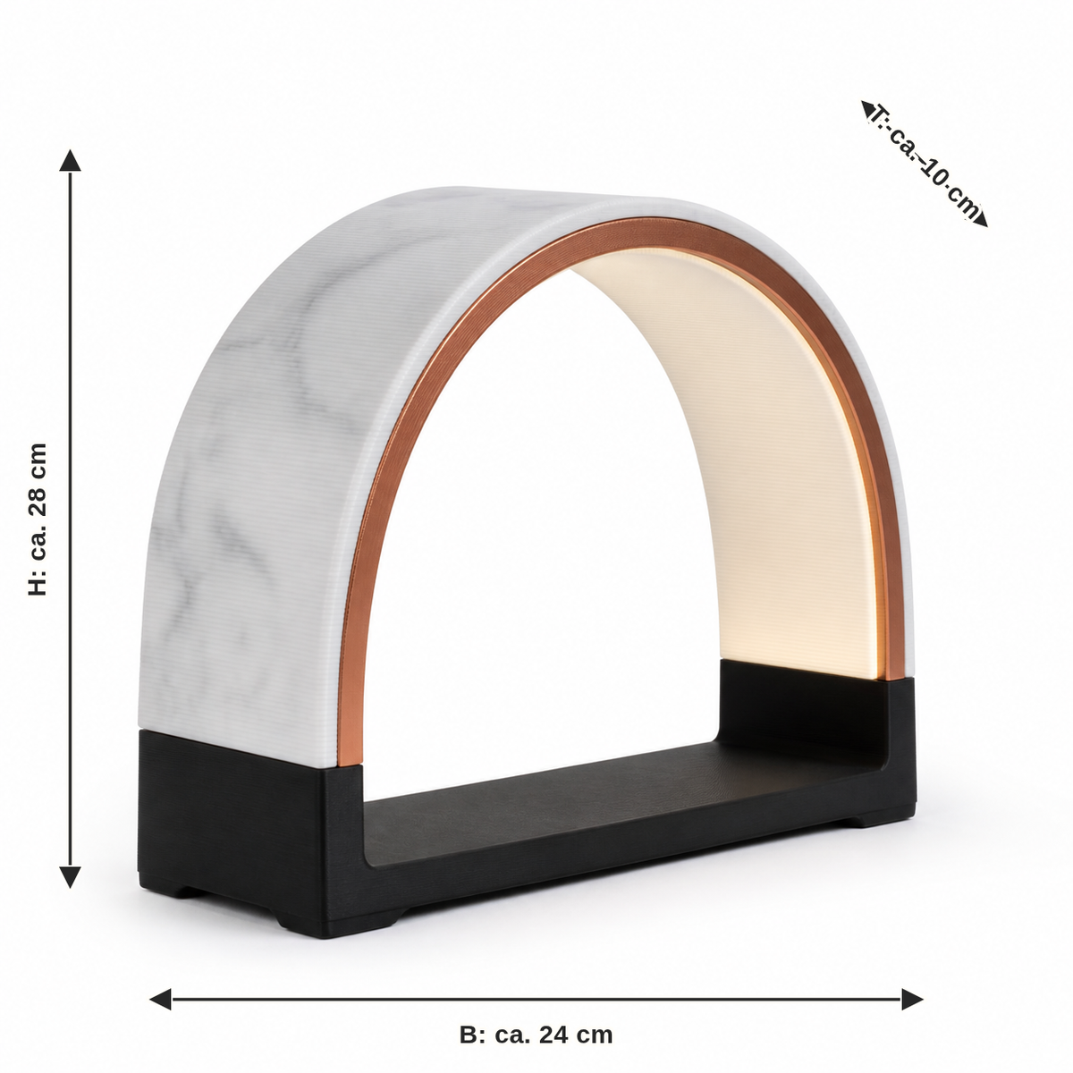 Dimensional image for sheet-shaped LED light in marble look – Modern: width approx. 24 cm, depth approx. 10 cm, height approx. 28 cm