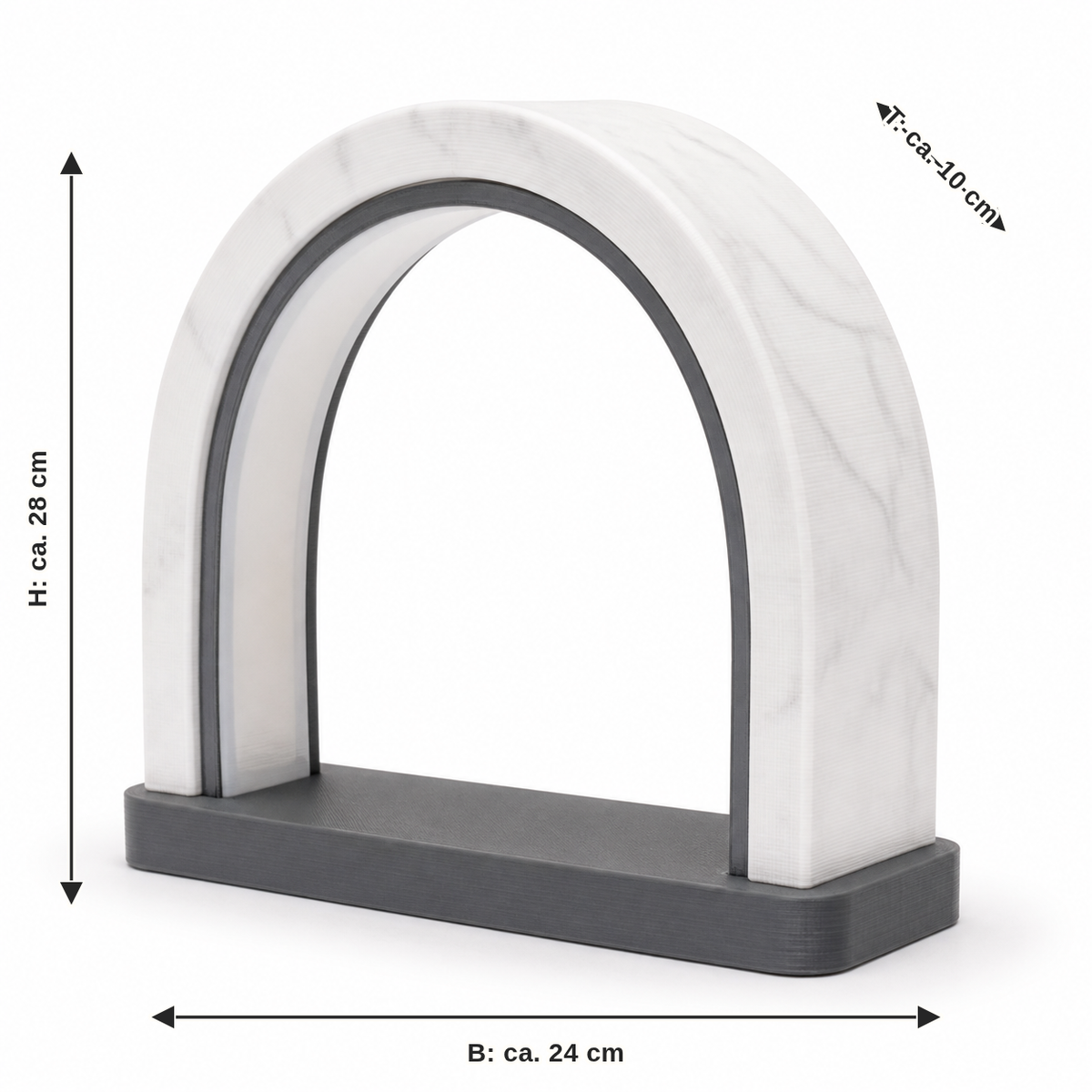Measurement for sheet-shaped LED light in marble optics – Timeless: width approx. 24 cm, depth approx. 10 cm, height approx. 28 cm