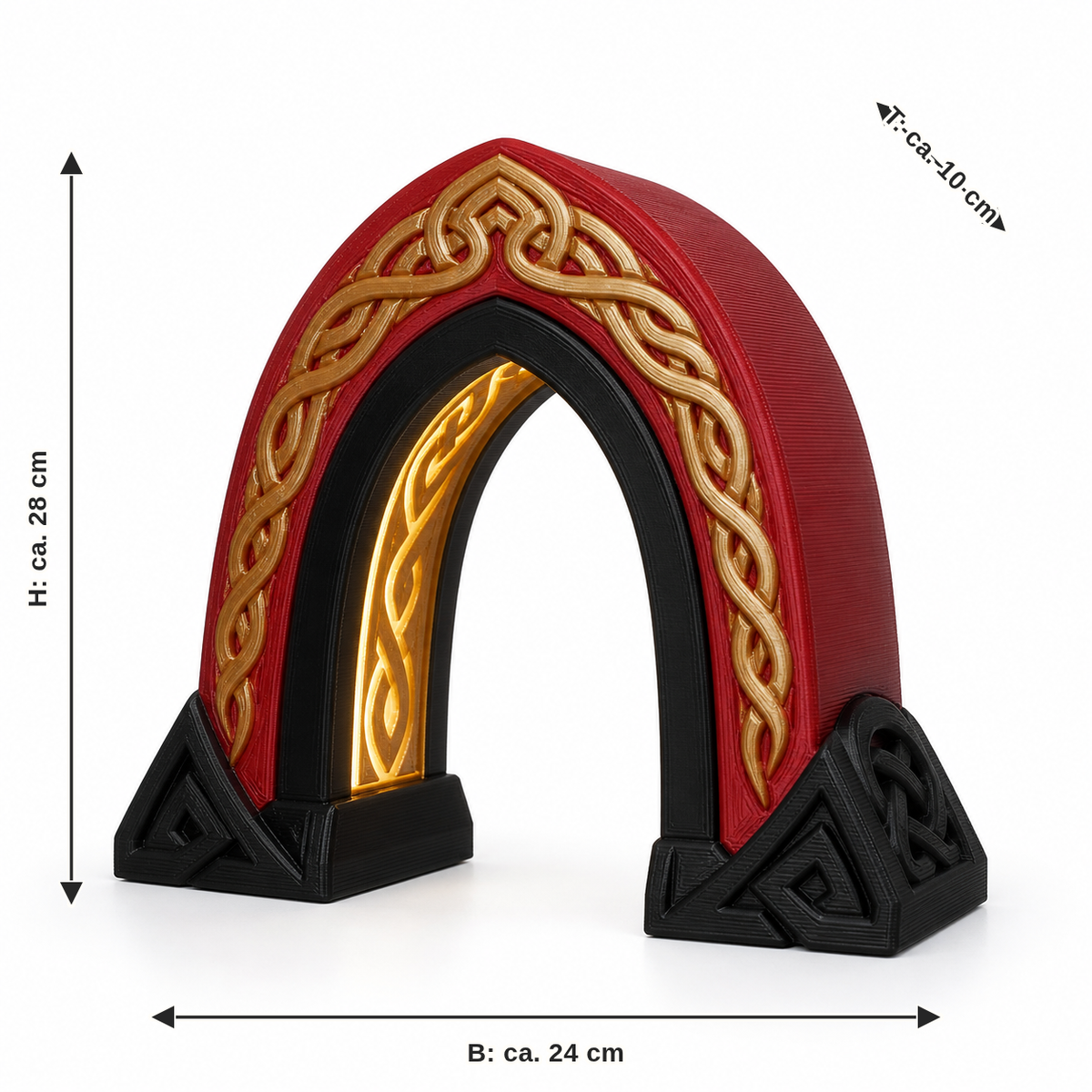 Maßbild für Bogenförmige LED-Leuchte mit Goldrunen: Breite ca. 24 cm, Tiefe ca. 10 cm, Höhe ca. 28 cm