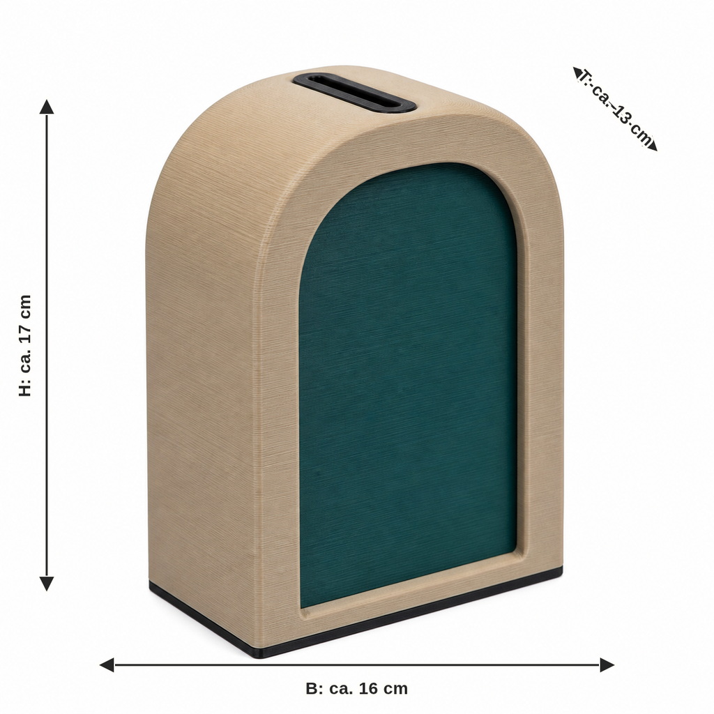 Maßbild für Bogenförmige Sparbüchse in Holzoptik und Petrol: Breite ca. 16 cm, Tiefe ca. 13 cm, Höhe ca. 17 cm