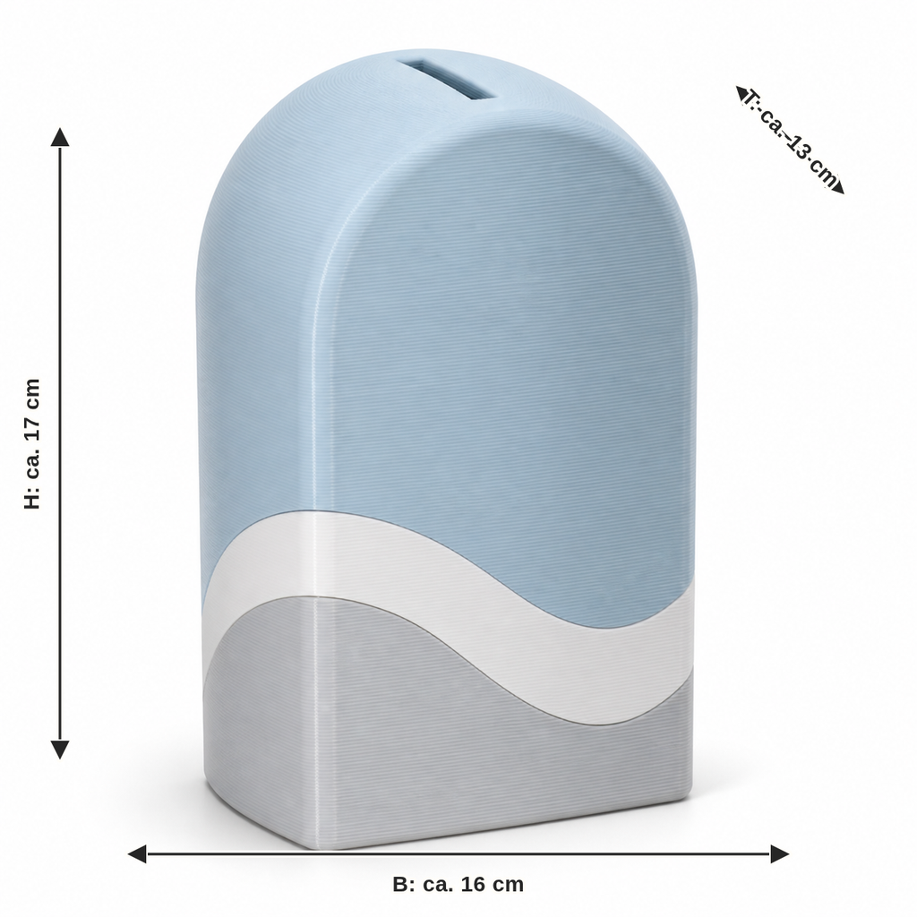 Dimensional image for arc-shaped money box in sky blue: width approx. 16 cm, depth approx. 13 cm, height approx. 17 cm