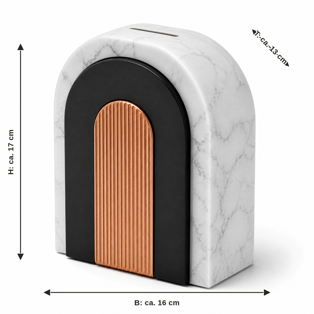 Dimensional image for arc-shaped money box in marble look: width approx. 16 cm, depth approx. 13 cm, height approx. 17 cm