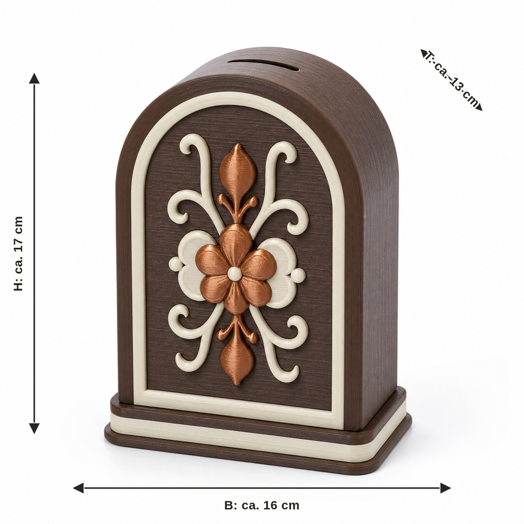 Measurement image for arc-shaped money box with flower medallion: width approx. 16 cm, depth approx. 13 cm, height approx. 17 cm