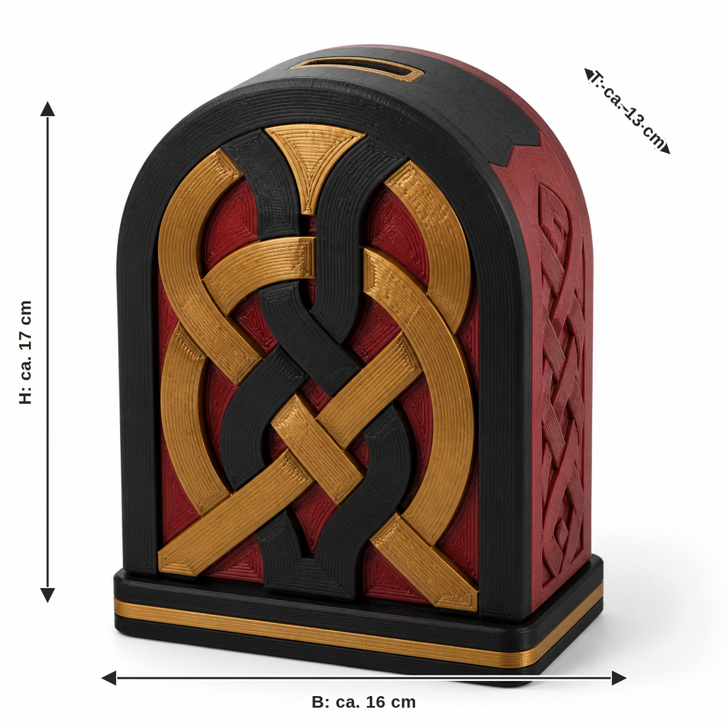 Maßbild für Bogenförmige Spardose mit Goldknoten: Breite ca. 16 cm, Tiefe ca. 13 cm, Höhe ca. 17 cm