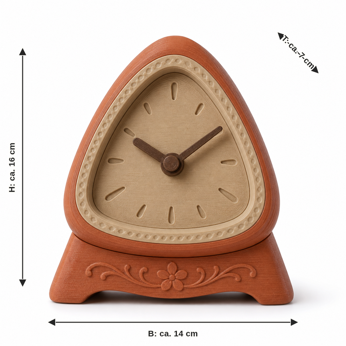 Maßbild für Bogenförmige Tischuhr in Terrakotta: Breite ca. 14 cm, Tiefe ca. 7 cm, Höhe ca. 16 cm
