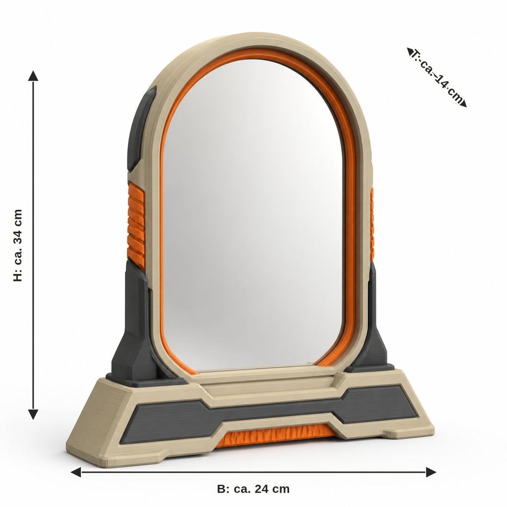 Measurement for arc-shaped standing mirror in beige and orange: width approx. 24 cm, depth approx. 14 cm, height approx. 34 cm