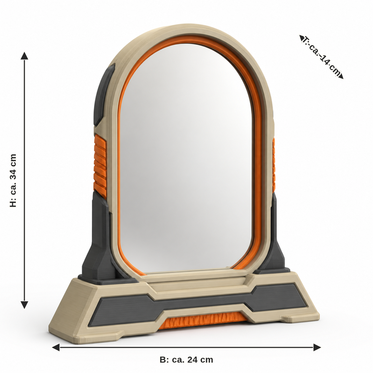 Maßbild für Bogenförmiger Standspiegel in Beige und Orange: Breite ca. 24 cm, Tiefe ca. 14 cm, Höhe ca. 34 cm