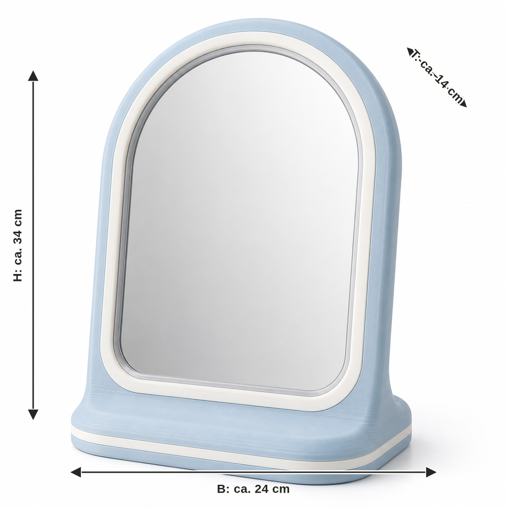 Maßbild für Bogenförmiger Standspiegel in Himmelblau: Breite ca. 24 cm, Tiefe ca. 14 cm, Höhe ca. 34 cm