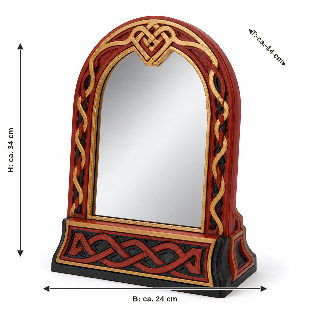 Maßbild für Bogenförmiger Standspiegel mit Goldrunen: Breite ca. 24 cm, Tiefe ca. 14 cm, Höhe ca. 34 cm