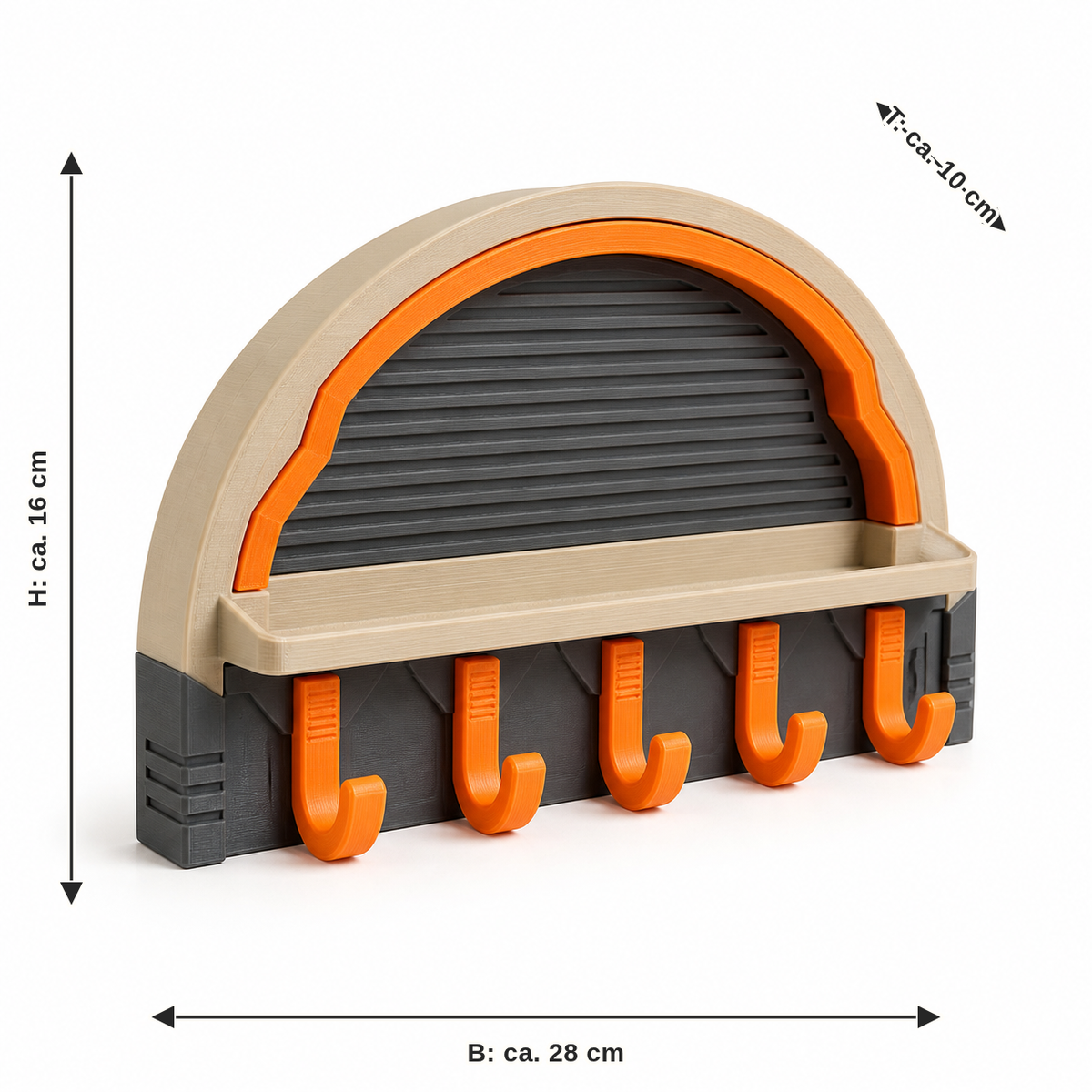 Dimensional image for bow-shaped key rack with five hooks – Futuristic: width approx. 28 cm, depth approx. 10 cm, height approx. 16 cm
