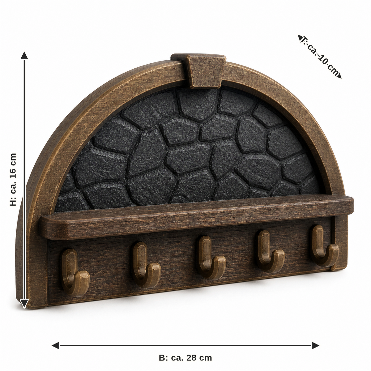 Maßbild für Bogenförmiges Schlüsselbrett mit fünf Haken – Urig: Breite ca. 28 cm, Tiefe ca. 10 cm, Höhe ca. 16 cm