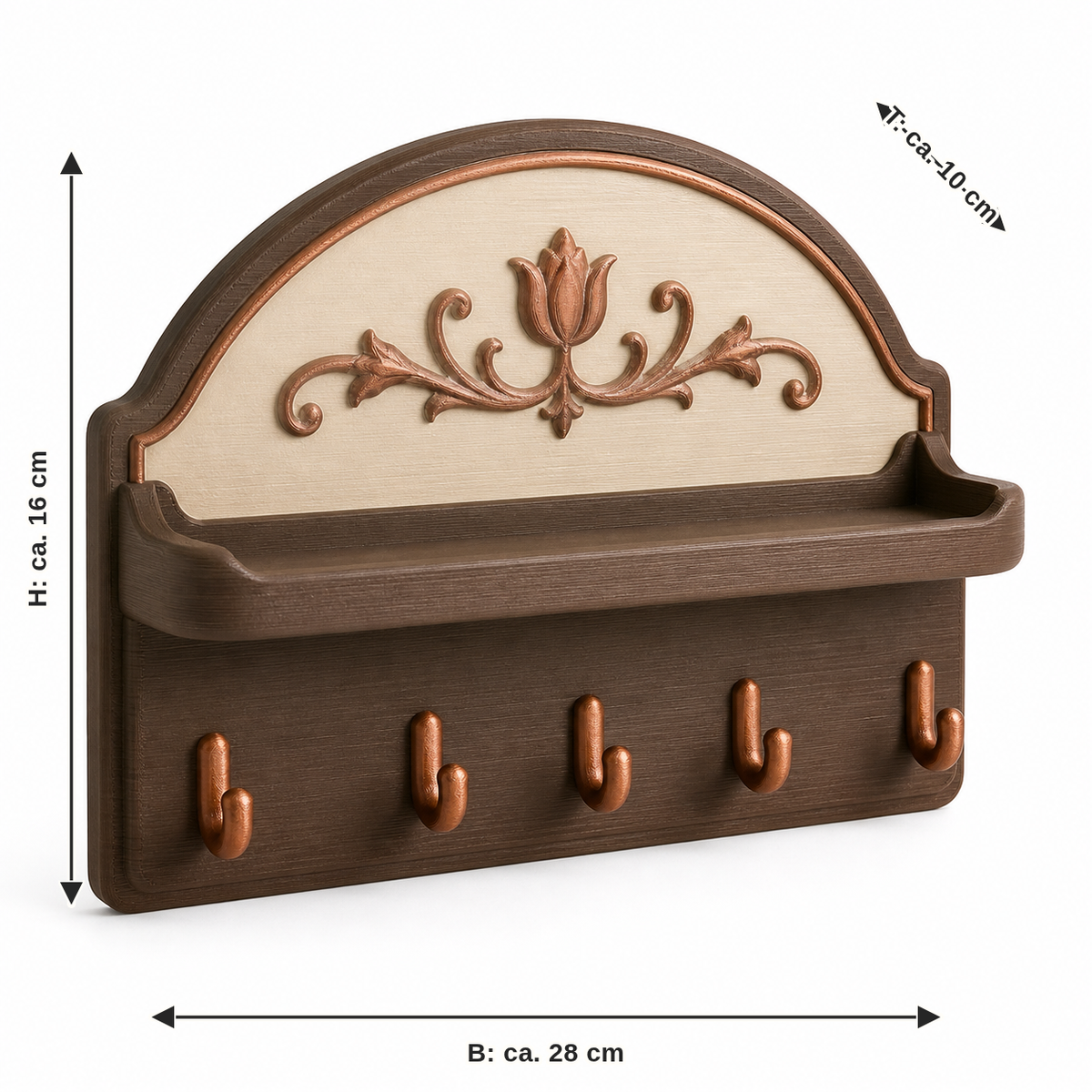 Dimensional image for arc-shaped key rack with five copper hooks: width approx. 28 cm, depth approx. 10 cm, height approx. 16 cm
