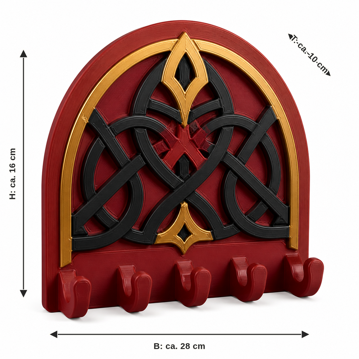 Maßbild für Bogenförmiges Schlüsselbrett mit fünf Runenhaken: Breite ca. 28 cm, Tiefe ca. 10 cm, Höhe ca. 16 cm