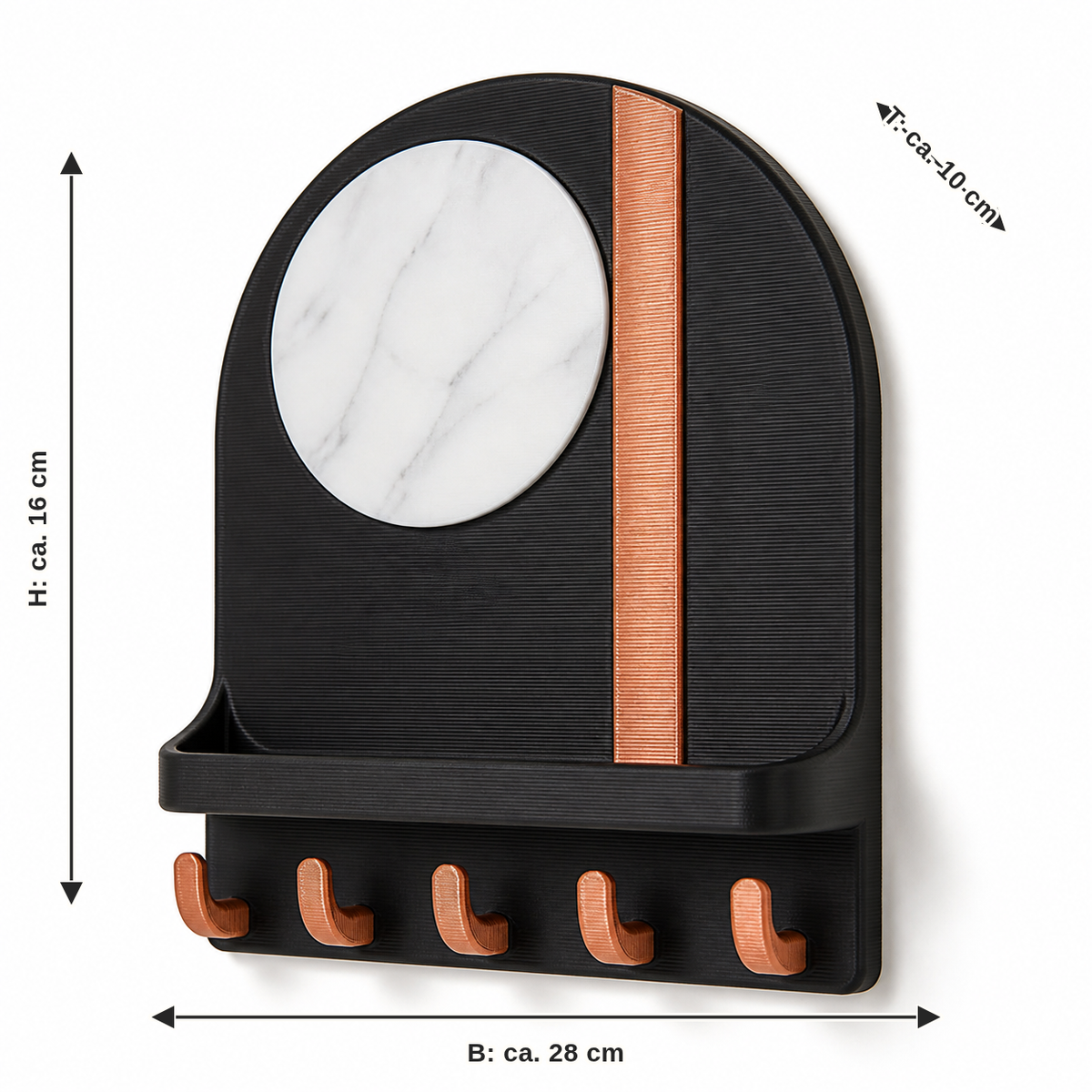 Dimensional image for arc-shaped key rack with marble optics circle: width approx. 28 cm, depth approx. 10 cm, height approx. 16 cm