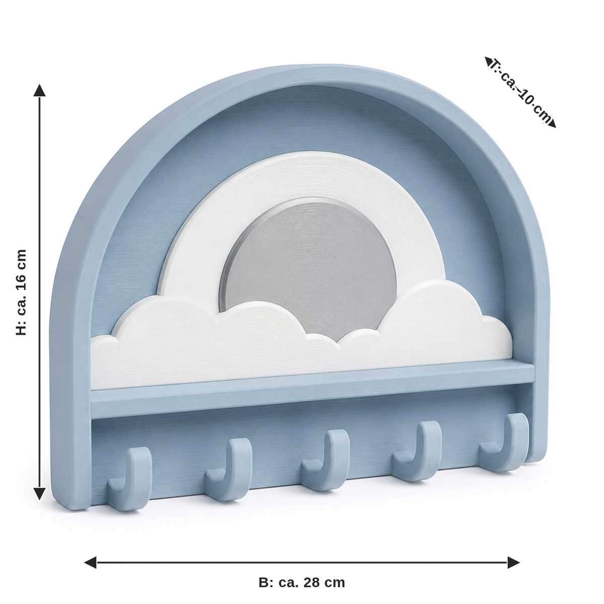 Dimensional image for arc-shaped key rack with sun motif: width approx. 28 cm, depth approx. 10 cm, height approx. 16 cm