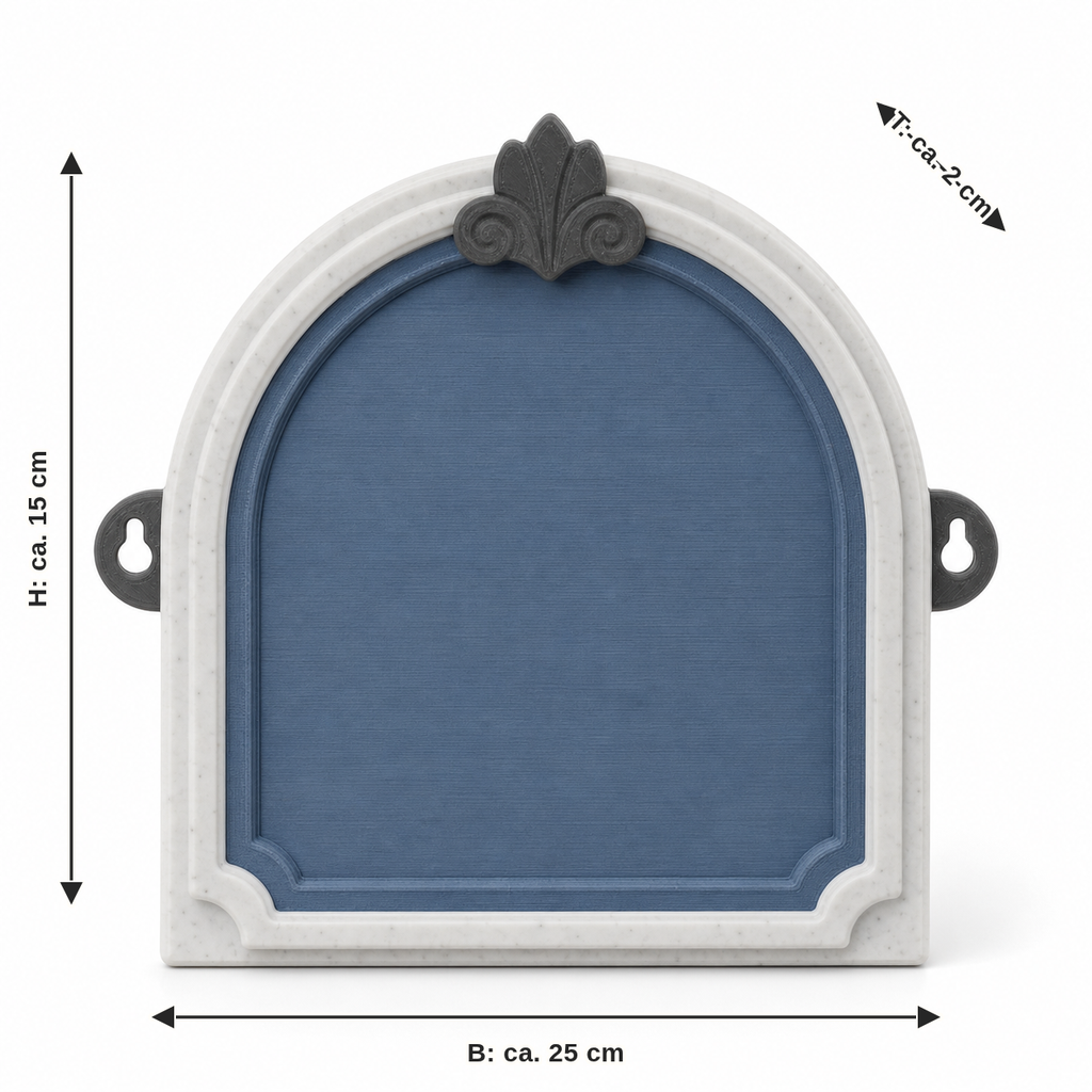 Dimensional image for arc-shaped door sign in grey blue: width approx. 25 cm, depth approx. 2 cm, height approx. 15 cm