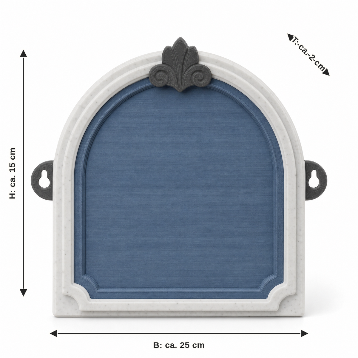 Dimensional image for arc-shaped door sign in grey blue: width approx. 25 cm, depth approx. 2 cm, height approx. 15 cm