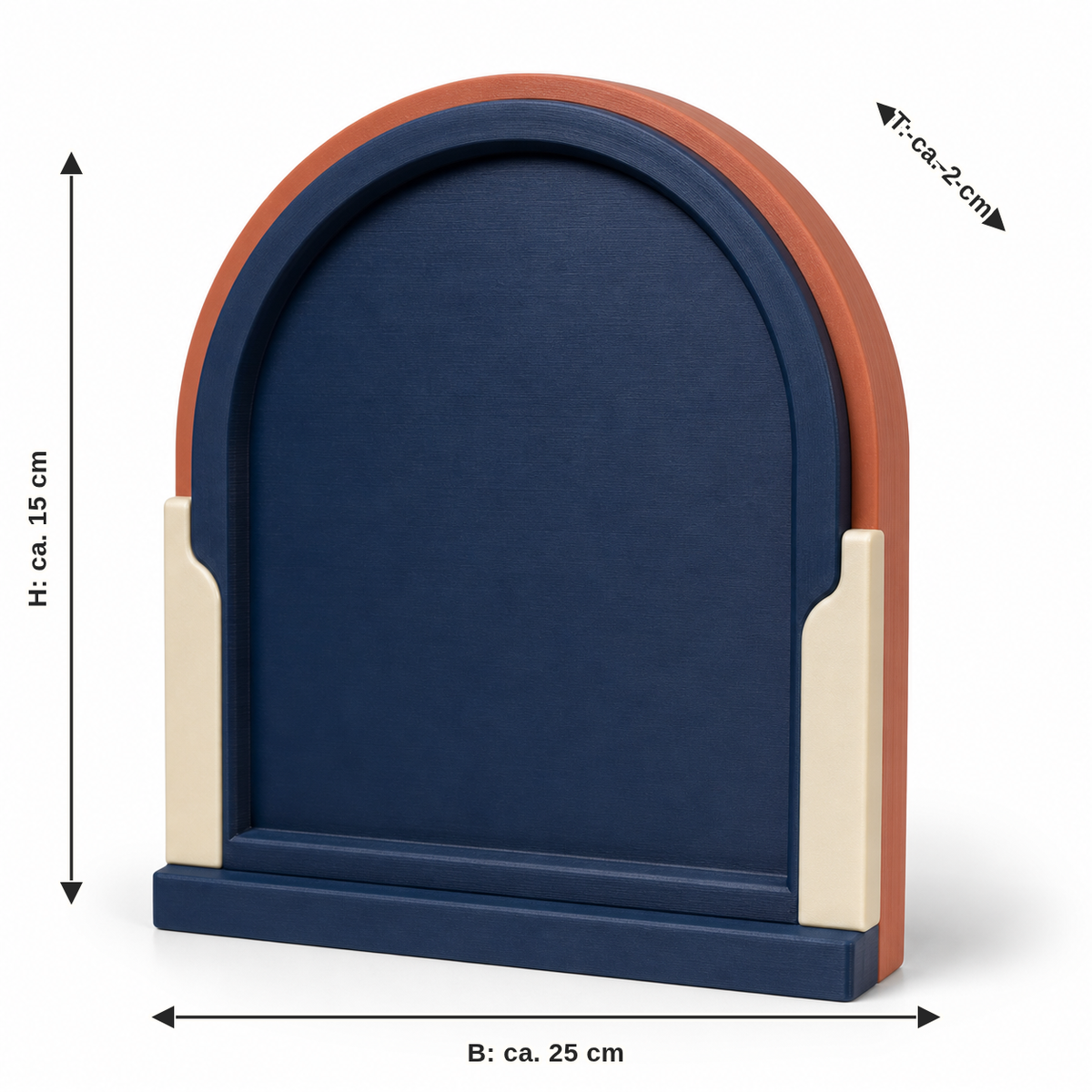 Dimensional image for arched door sign in Navy and terracotta: width approx. 25 cm, depth approx. 2 cm, height approx. 15 cm