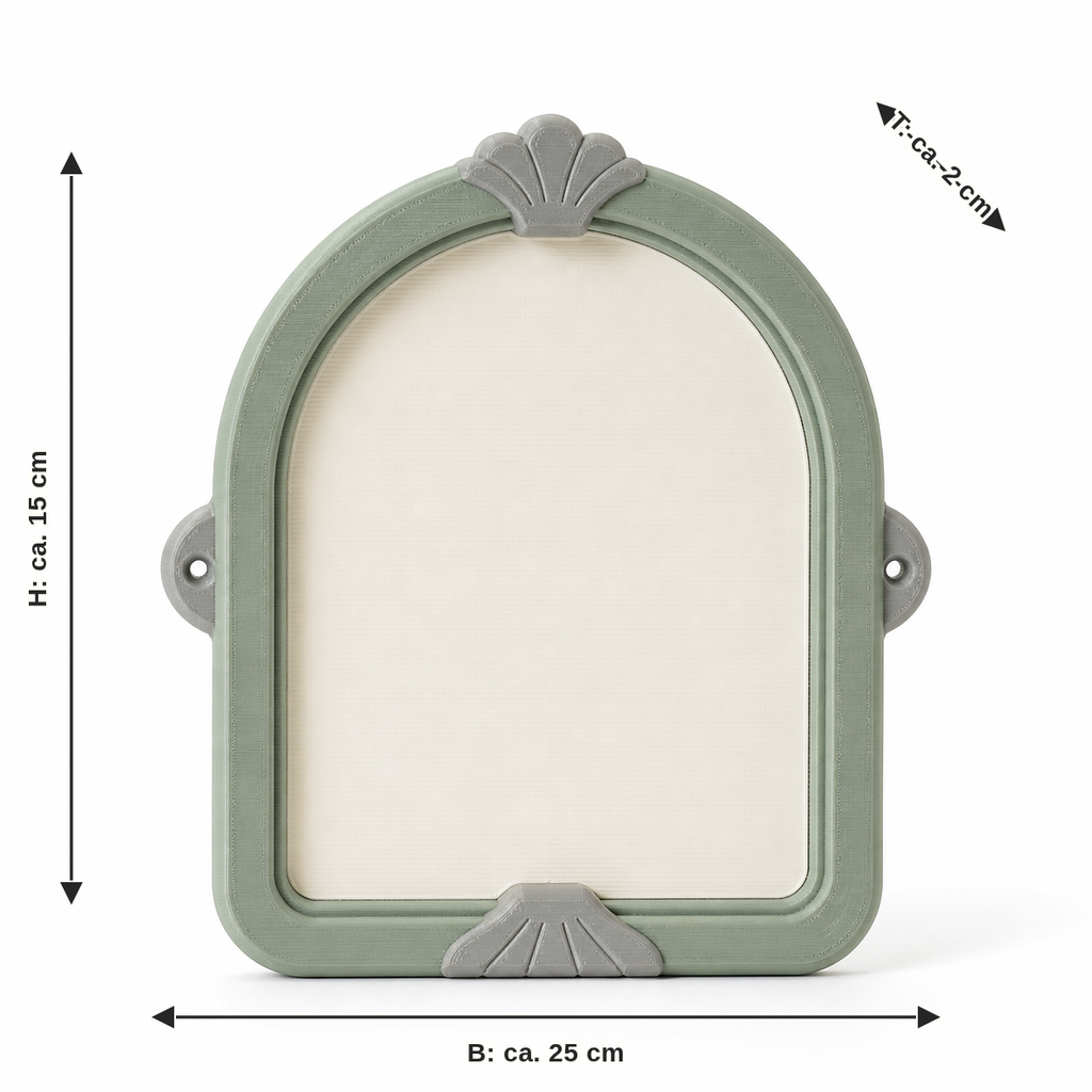Dimensional image for arched door sign in sage green: width approx. 25 cm, depth approx. 2 cm, height approx. 15 cm