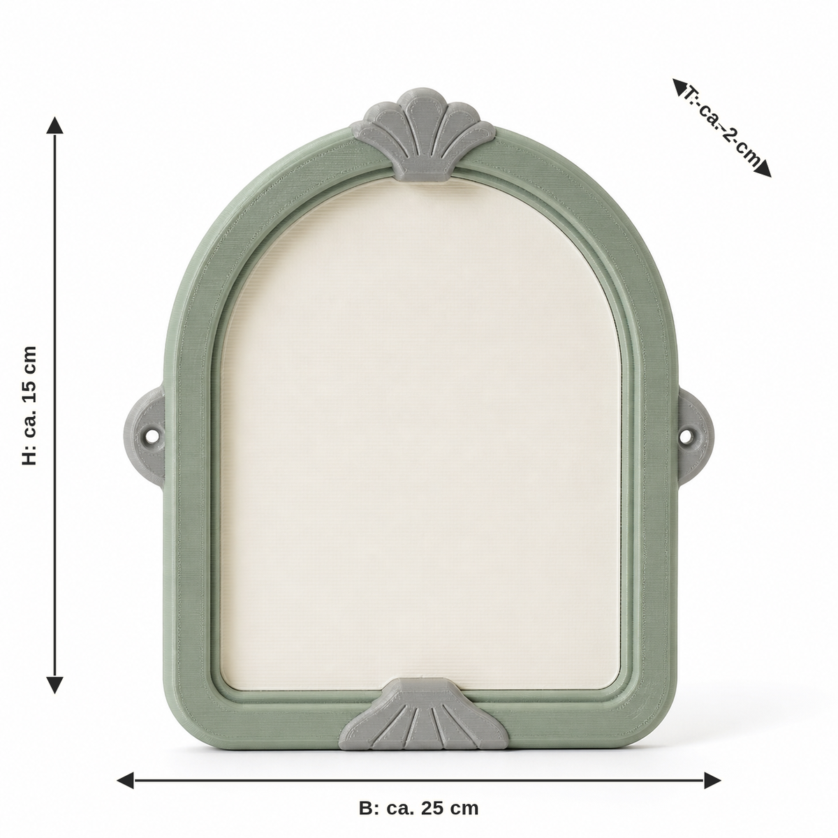 Dimensional image for arched door sign in sage green: width approx. 25 cm, depth approx. 2 cm, height approx. 15 cm