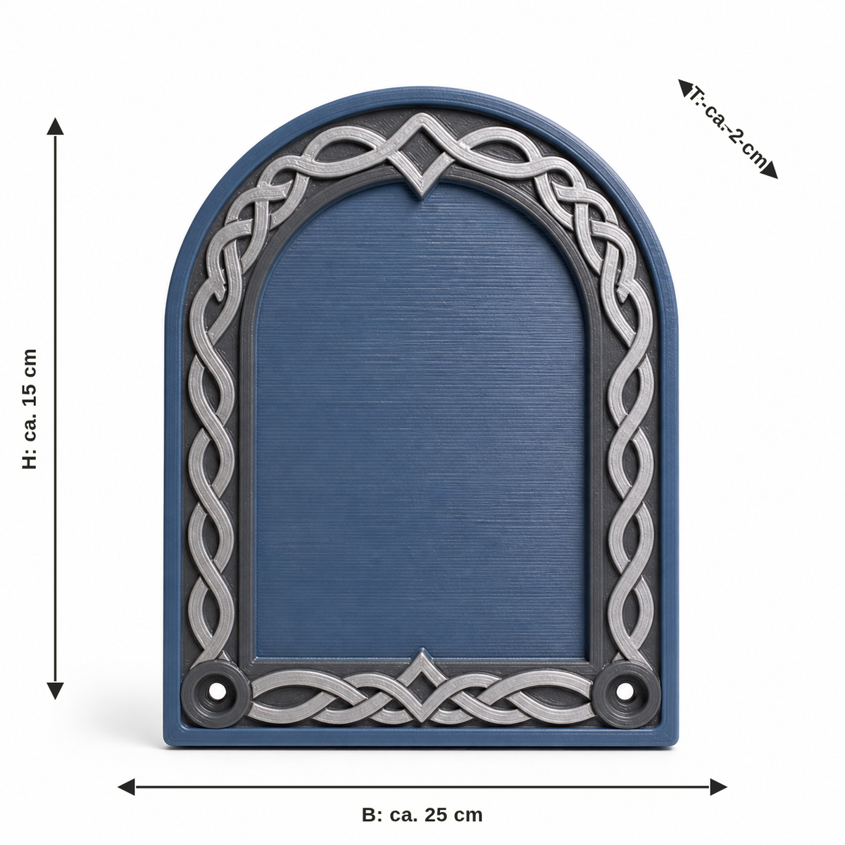 Dimensional image for arc-shaped door sign with continuous node: width approx. 25 cm, depth approx. 2 cm, height approx. 15 cm