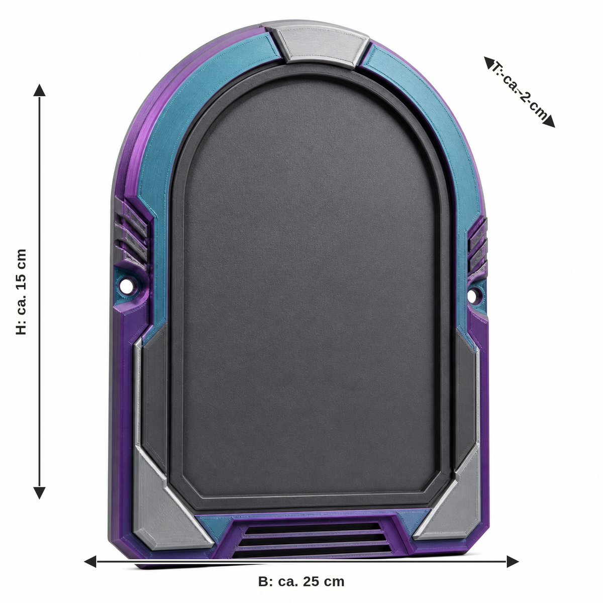 Dimensional image for arched door sign with colour gradient: width approx. 25 cm, depth approx. 2 cm, height approx. 15 cm