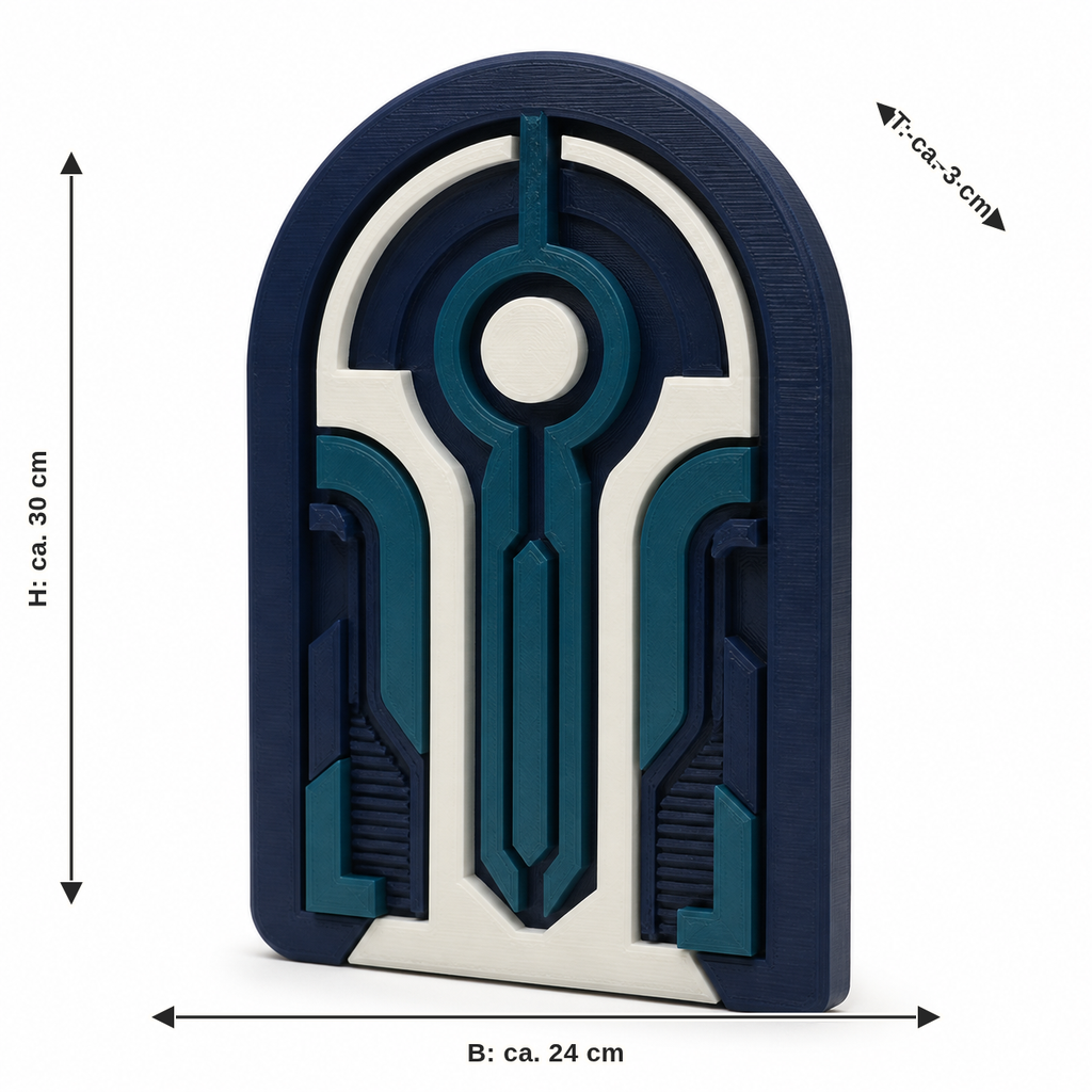 Dimensional image for arc-shaped wall relief with circuit motif: width approx. 24 cm, depth approx. 3 cm, height approx. 30 cm