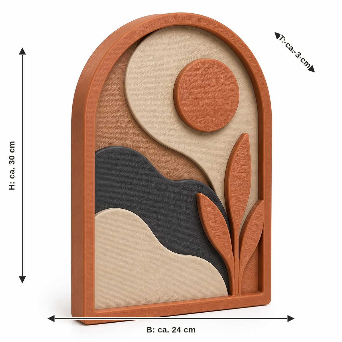 Dimensional image for arc-shaped wall relief with quiet landscape: width approx. 24 cm, depth approx. 3 cm, height approx. 30 cm